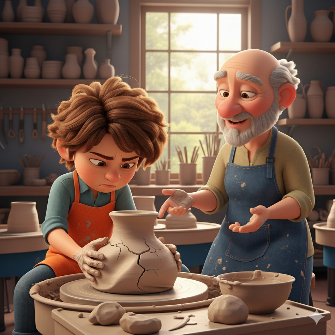 Young person with a broken clay pot, learning patience.